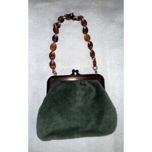 Vintage Walborg Green Suede Purse Brown Chain Bakelite Handle Made in Italy